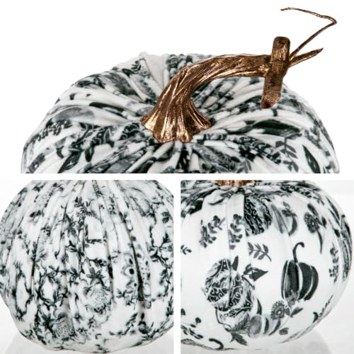 Set of 3 Velvet Fake Pumpkins - Black and White Fall Decor for Home Indoor