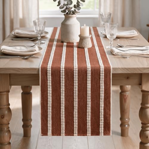 Caramel Farmhouse Dashed Stripe Table Runner - 12x72 Inch Seasonal Holiday Decor - Boho Rustic Kitchen Dining