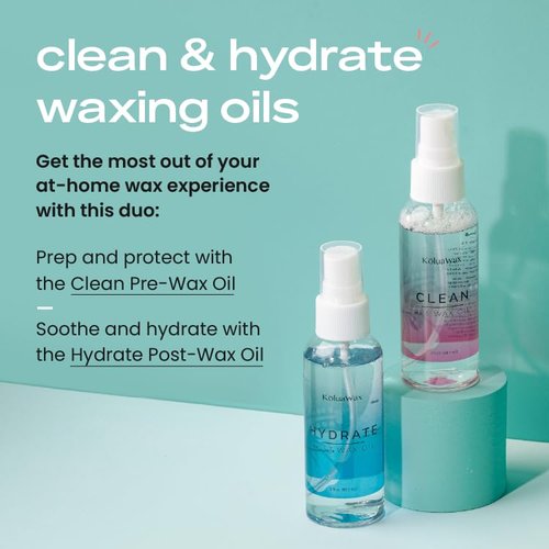 Clean & Hydrate At Home Waxing Kit Oils – Pre Wax Cleanser Preps & Protects Skin – Post Body & Facial Wax Oil Soothes, Reduces Redness, Removes Residue – Make Hair Removal Easy by KoluaWax, 3 Oz. Each