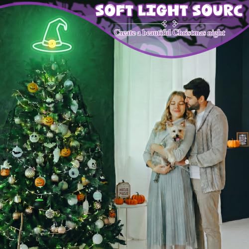 Halloween Tree Topper LED Witch Hat Lighted Decoration - 10 Inch, Green, with Base & Ties - Variation of Witch Hat