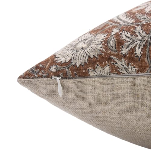 Light Brown 24x24 Linen Block Print Throw Pillow Cover with Zipper - Farmhouse Decor