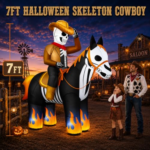 7FT Halloween Inflatable Skeleton Cowboy Riding Flame-Hoofed Horse Outdoor Decor
