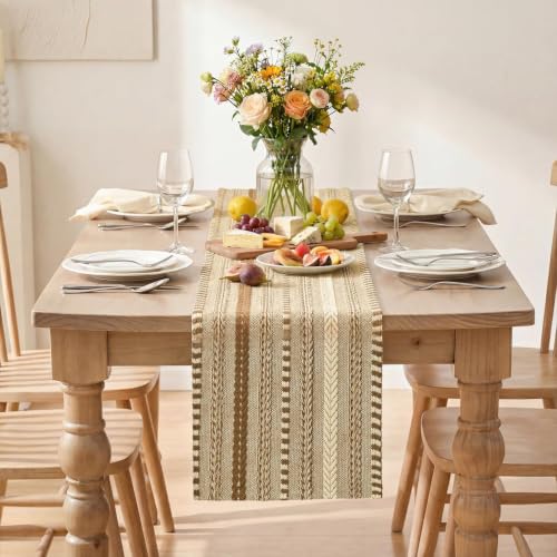 Artoid Mode Coffee Farmhouse Stripe Braided Table Runner 12x72 Inch - Light Coffee