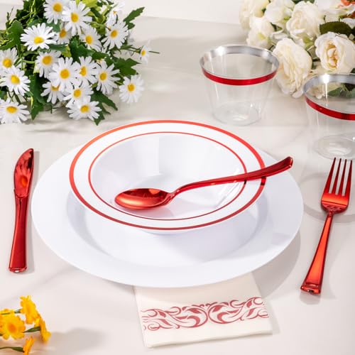 Disposable Plastic Bowls with Red Rim - 50 Pack, 12oz Food-Grade, BPA-Free