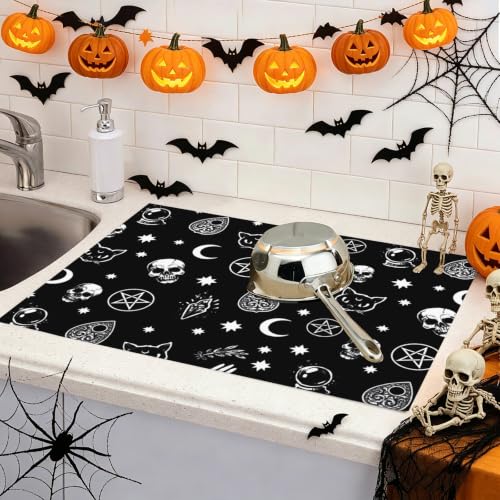 Skull Cat Moon Gothic Dish Drying Mat - 24x18 Inch Absorbent Kitchen Counter Pad - Halloween Decor