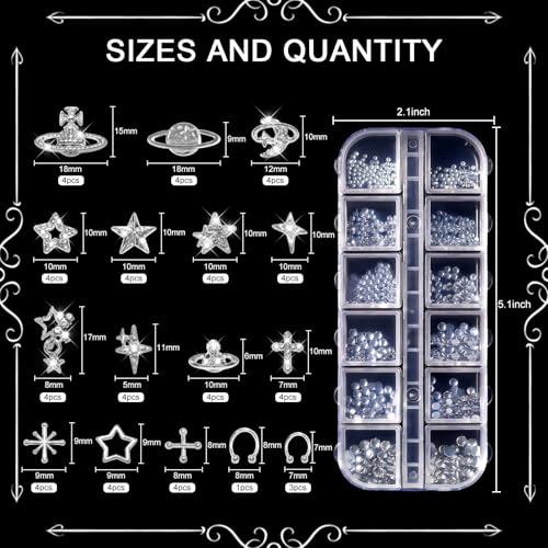 Silver Nail Charms Set - 3D Goth Metal Rhinestones & Accessories