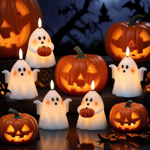 White Halloween Ghost Flameless Candles with 6H Timer - Spooky Ghost Decor