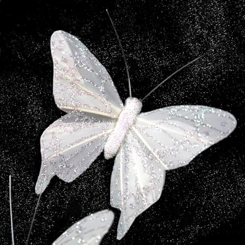 White Feather Butterfly Decorations Set of 12 - 3 Inch Christmas Tree Ornaments - Variation B