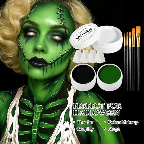 Oil-Based Face Paint Kit - Black White Green 3×50g for Halloween Cosplay Stage Makeup