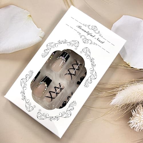 24Pcs Black French Press False Nails with Bow Tie Rhinestones - Reusable Acrylic Manicure Kit
