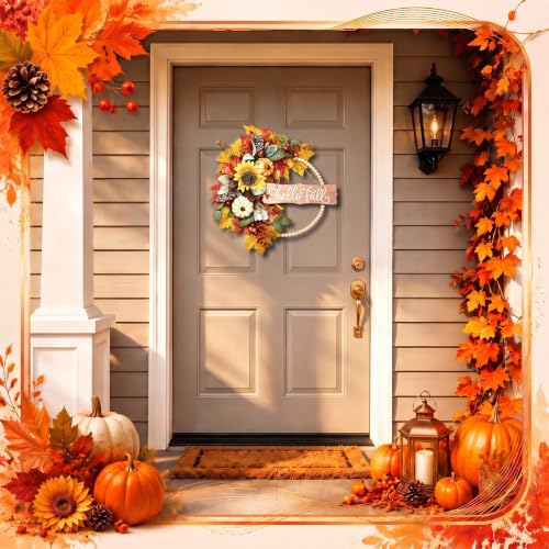 20 Inch Fall Wreath with Wooden Beads and Autumn Decorations - Front Door Decor