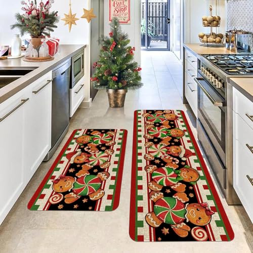 Gingerbread Christmas Kitchen Rugs Set - Floor Mat & Runner for Holiday Decor