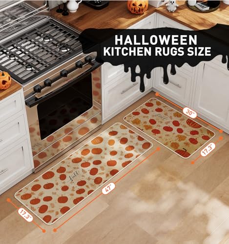 Halloween Kitchen Mat Set of 2 - Pumpkin Fall Design, 17x29 & 17x47 Inches - Orange Variation