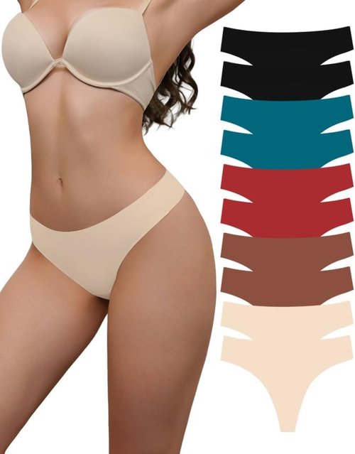 Skiennix Seamless Thongs - V-Waisted Invisible No Show Breathable Stretch Panties | 6-Pack