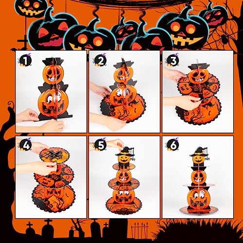 Halloween Cupcake Stand 3-Tier Pumpkin Cardboard Dessert Tower with Hole Design