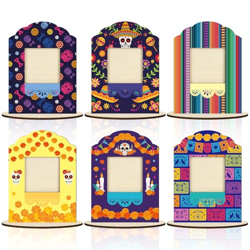 12-Pack Day of the Dead Wooden Photo Frames for Dia De Los Muertos Decorations - Mexican Fiesta Altar Sign Set