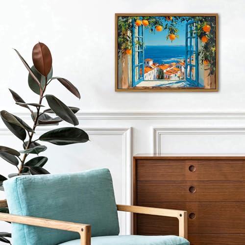 Mediterranean Wall Art Canvas - Blue Seascape & Coastal Landscape, 12x16 inches - Framed Beach Decor for Living Room & Bedroom