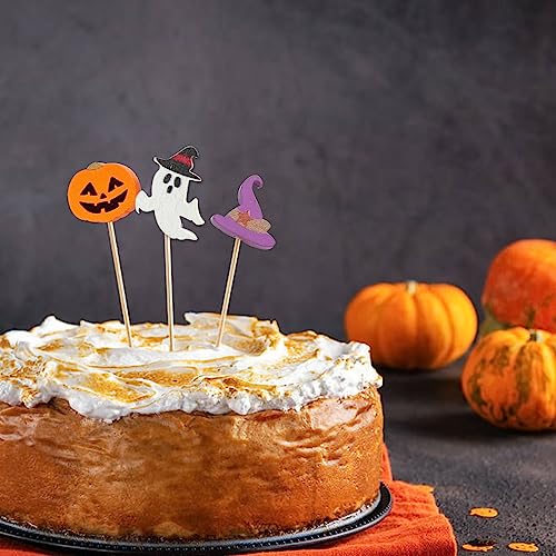 Halloween Cocktail Picks Set - 100 Wooden Skewers with Ghost, Pumpkin, Bat, Spider, Hat, Trick or Treat Designs