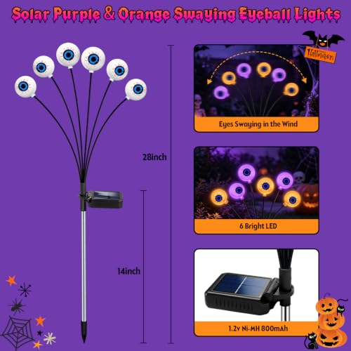 Yulloyello 4 Pack Solar Eyeball Lights - Purple & Orange Outdoor Halloween Decorations