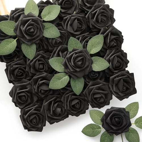 Black Artificial Roses - 50 Pcs Fake Foam Roses for Wedding & Party Decor - Gothic Halloween Centerpieces & DIY Bouquets