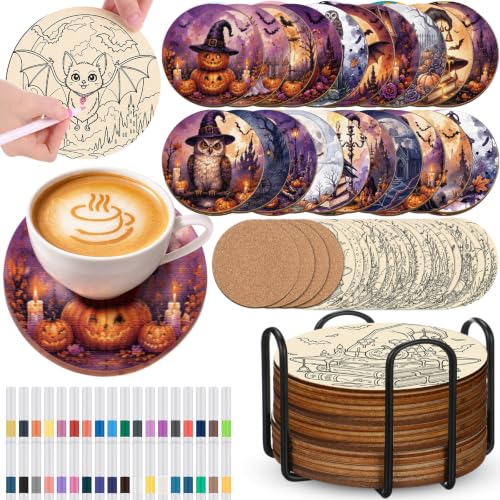 Halloween Wooden Coaster Painting Kit - 77 Pieces for Craft & Decor