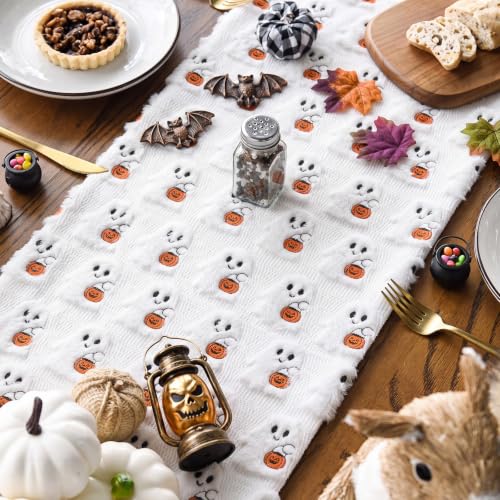 Halloween Ghost Table Runner 13x72 Faux Fur Decor with 3D Plush Ghosts & Pumpkins