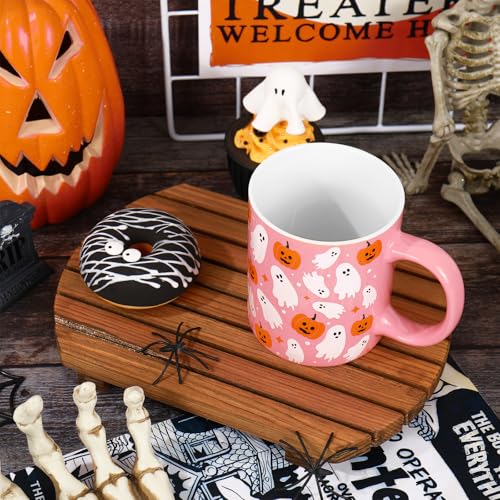 Pink Halloween Mug Ghost Pumpkin Ceramic Coffee Cup 12oz - Ghost & Pumpkin Design