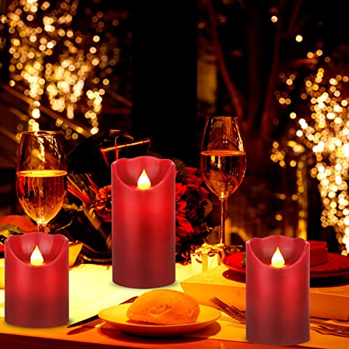 Red Flickering LED Candles Set of 3 - Real Wax Flameless Pillars with Remote & Timer