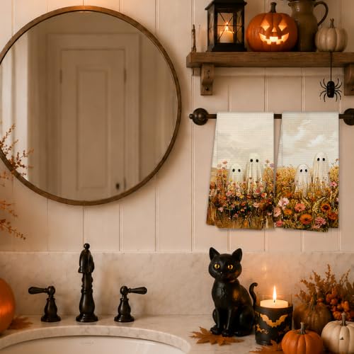 Ghost10 Halloween Ghost Floral Kitchen Towels Set of 2 - Rustic Autumn Dishcloths