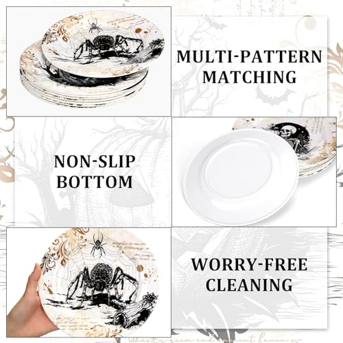 Retro Halloween Dinnerware Set - 8 Plates with Spooky Designs, Party Tableware