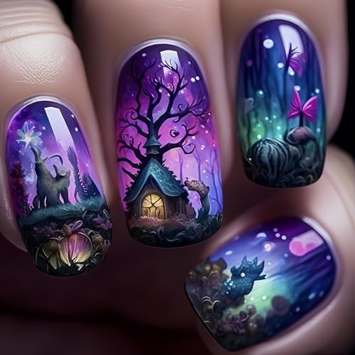 Halloween Press-On Nails Medium Square Fake Nails 24P Set - Witch Forest Design - Variation 27