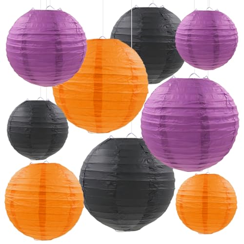 Halloween Paper Lanterns Set - Purple, Orange, Black Hanging Decorations, 9 Pieces