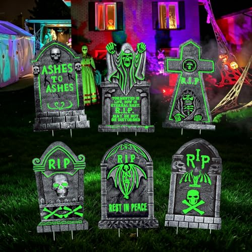 16.5x10 Inch Glow in The Dark Tombstones Decorations - Waterproof Grave Markers with Stakes - 6 Pack Halloween Cemetery Props
