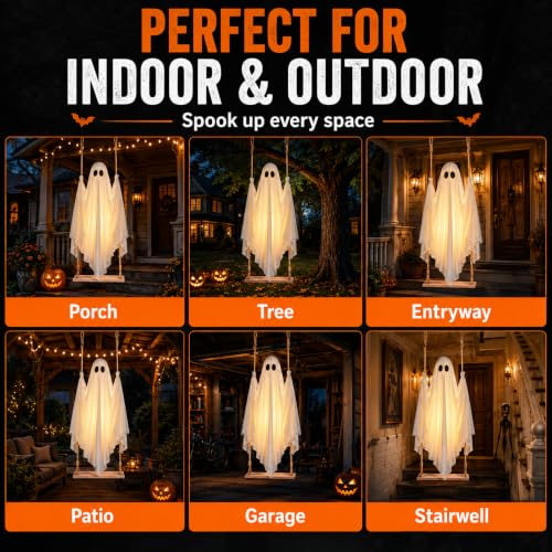 5FT Outdoor Hanging Ghost Swing Decor with Lights and Remote Timer