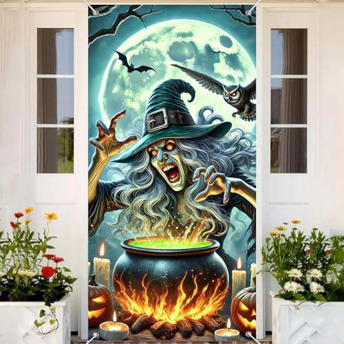 Halloween Door Cover Jack Lantern Witch 35x71 Inch Polyester - Seasonal Front Door Decor