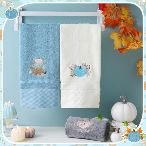FuWeave Blue White Fall Pumpkin Hand Towels Set - Halloween Bathroom Decor