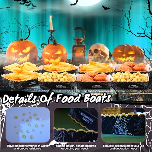 Halloween Spiderweb Paper Food Trays - 60 Pack Disposable Snack Boats - Gothic Party Supplies
