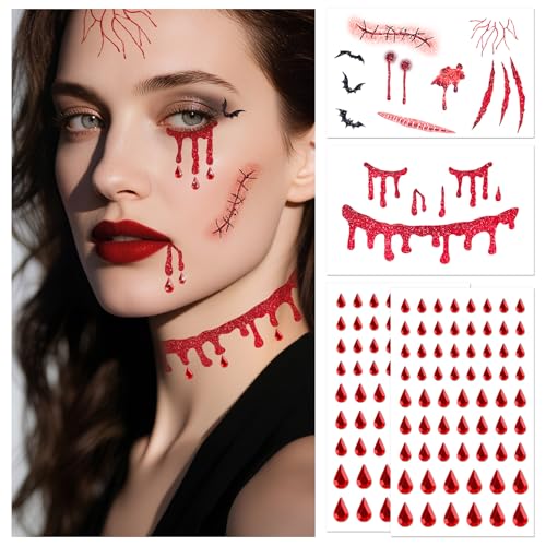 Halloween Vampire Face Tattoos with Face Gems - Scary Costume Accessories