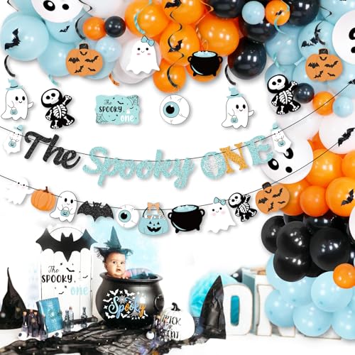 Halloween Birthday Banner & Hanging Decorations Kit - Ghost, Pumpkin, Bat Streamers, Blue Theme