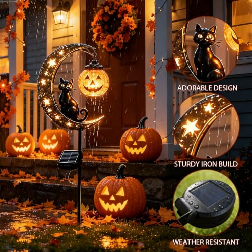 Solar Halloween Black Cat and Pumpkin Garden Stake Lights Outdoor Decor