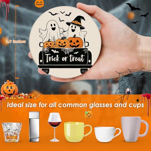 Halloween Ghost Pumpkin Ceramic Drink Coasters Set of 6 with Cork Bottom & Metal Holder - Fall Decor