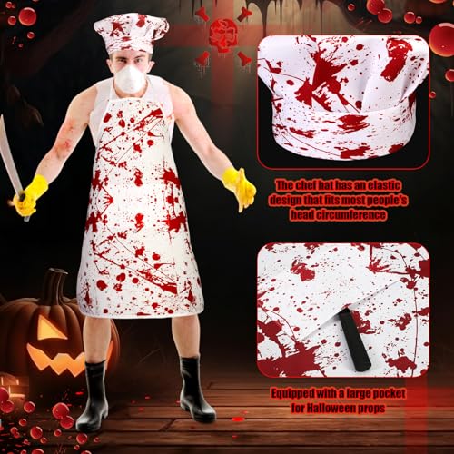 Halloween Bloody Chef Apron & Hat Set - White, Red Bloody Style, 2 Pieces