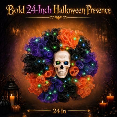 Halloween Wreath with Skull & Color-Changing Lights - 24-inch Decor