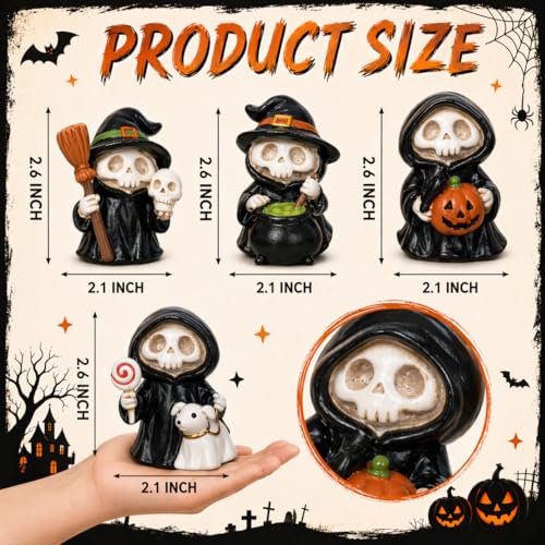 Halloween Skeleton Figurines Set of 4 - Black Mini Spooky Decor for Table, Shelf & Mantel