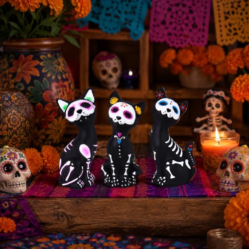 Day of the Dead Skeleton Cat Figurines Set - Halloween Decor, Resin Gothic Statues