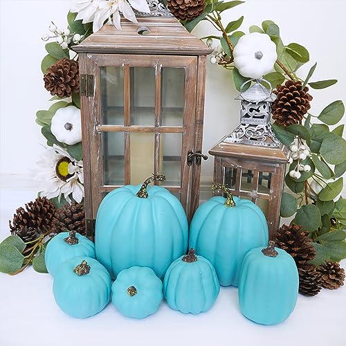 Assorted Teal Blue Artificial Pumpkins Halloween Fall Decor - 7 Pcs, Coastal Style