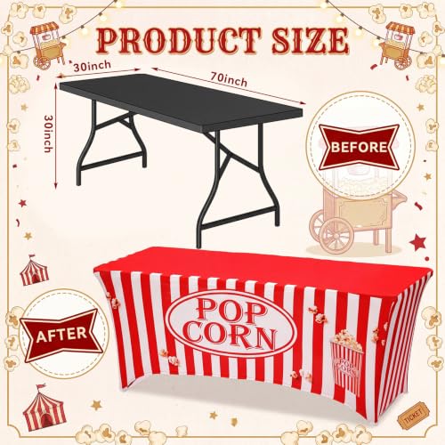 Popcorn Themed Stretch Table Cover - 6ft Concession Stand Tablecloth - Red & White Striped Popcorn Pattern - Variation: Popcorn