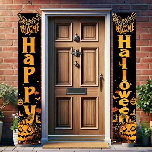 Halloween Porch Banner Set - Pumpkins and Bats Welcome Yard Decor, 2 Pack
