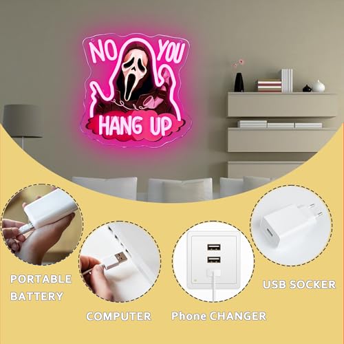 Neon Sign Halloween Ghostface Mask Pink & Black USB Powered Spooky Decor