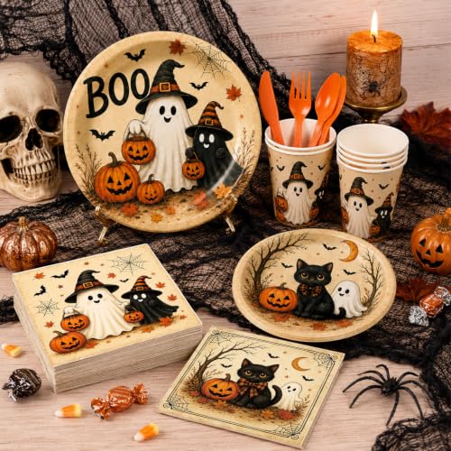 Halloween Party Supplies Set with Plates Cups Napkins Cutlery Ghost Black Cat Design
